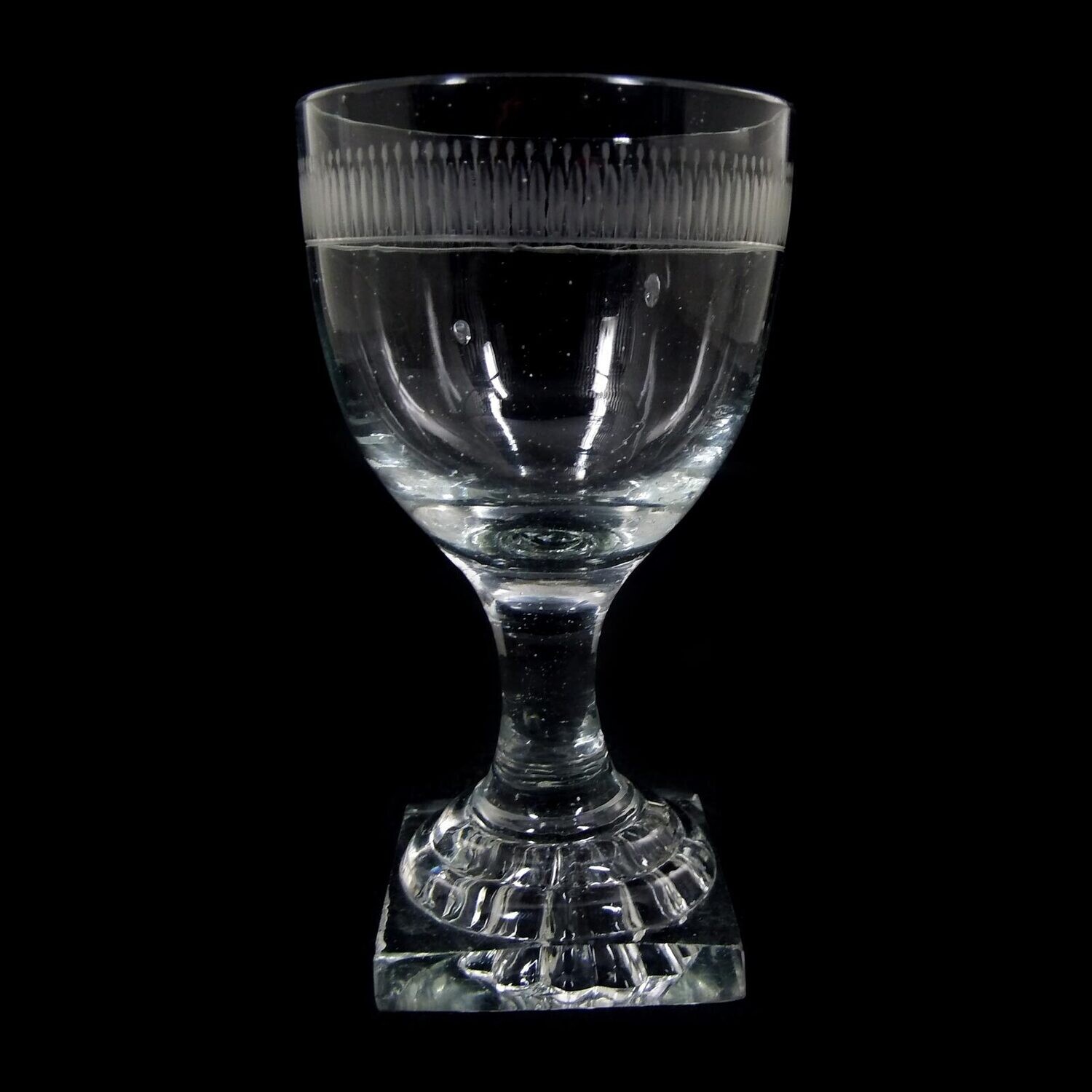 Goblet glass with square plinth, lancet cut border &amp; pinhead flowers