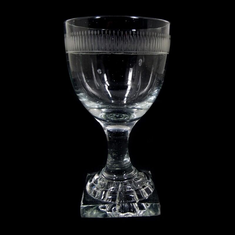 Goblet glass with square plinth, lancet cut border &amp; pinhead flowers