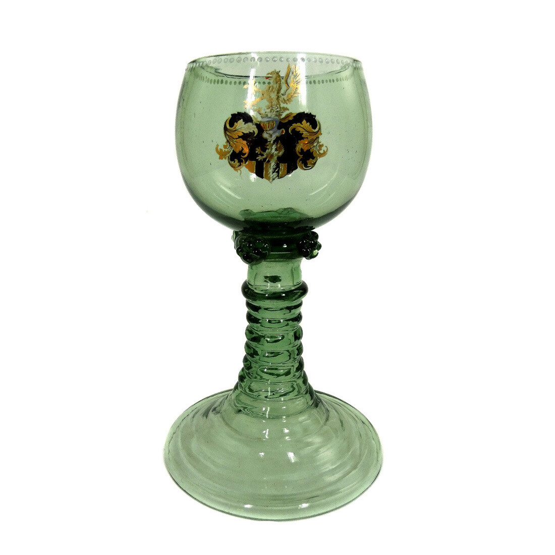 Wine Roman made of forest green glass with heraldic coat of arms, German, 19th century.