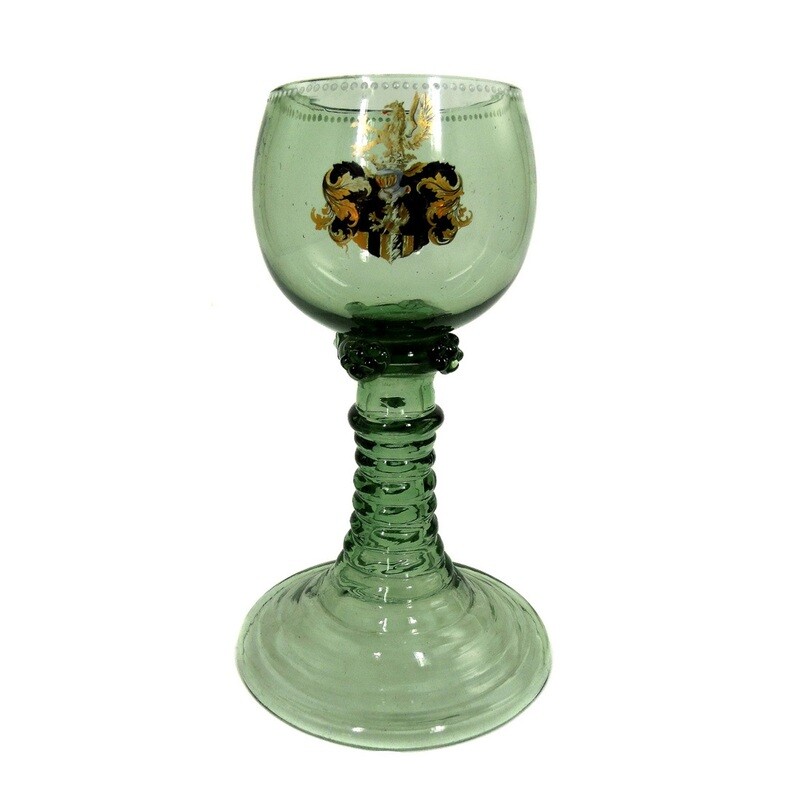 Wine Roman made of forest green glass with heraldic coat of arms, German, 19th century.