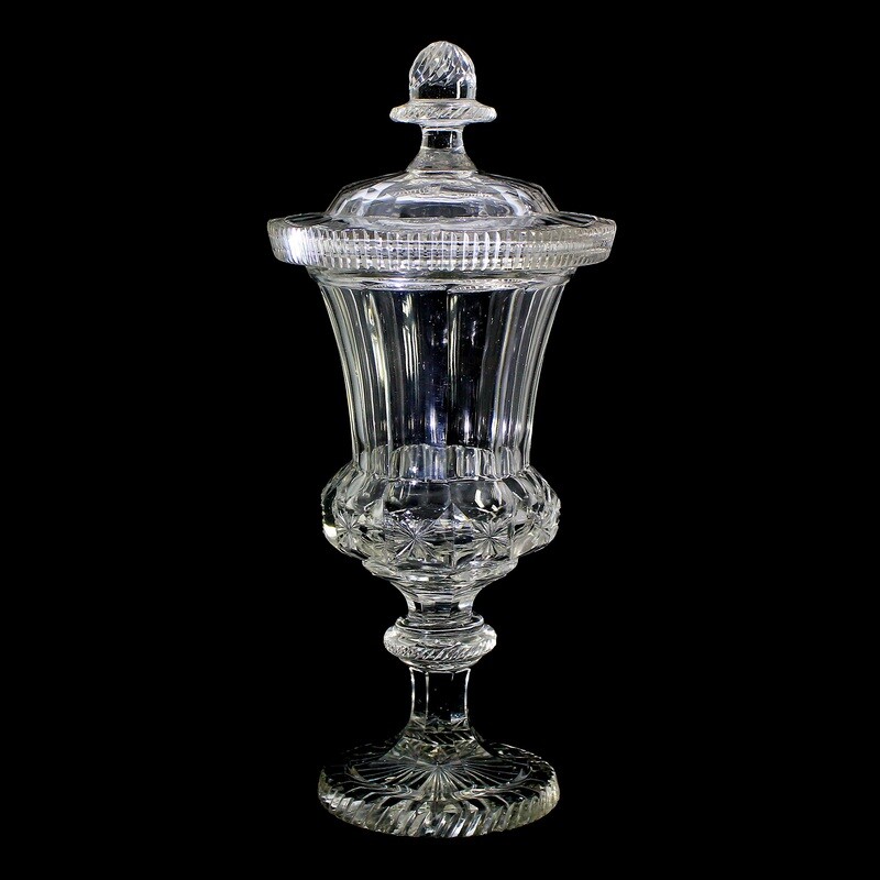 Tall lidded cup made of colorless glass with multiple peeled walls, Bohemia