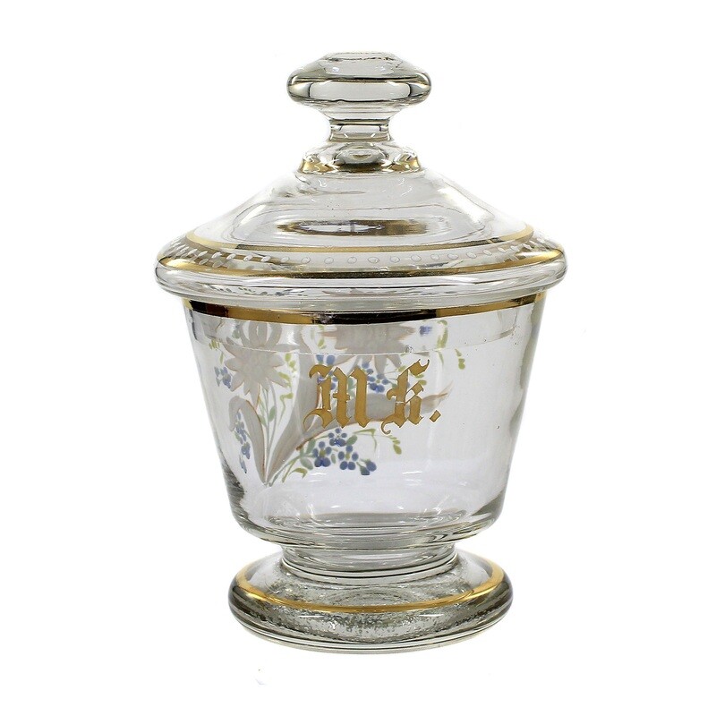 Lidded box made of colorless glass with polychrome enamel painting, around 1900