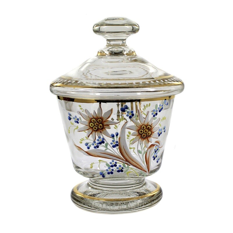 Lidded box made of colorless glass with polychrome enamel painting, around 1900