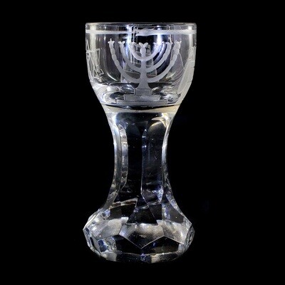 Loge glass with multi-faceted stand and menorah candlestick, etc
