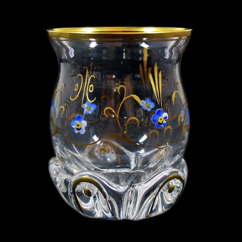 4 cups made of colorless crystal glass with bulbs and polished gold painting