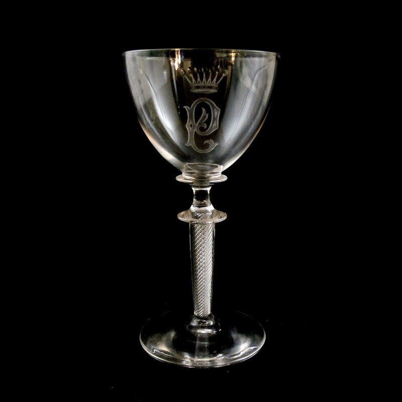 1st of 4. Liqueur glass with air feather from the Rheinische Glashütte, Wilhelm, etched stamp