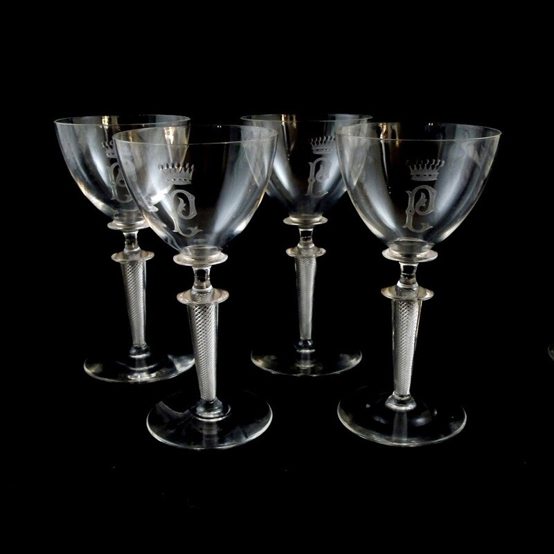 1st of 4. Liqueur glass with air feather from the Rheinische Glashütte, Wilhelm, etched stamp