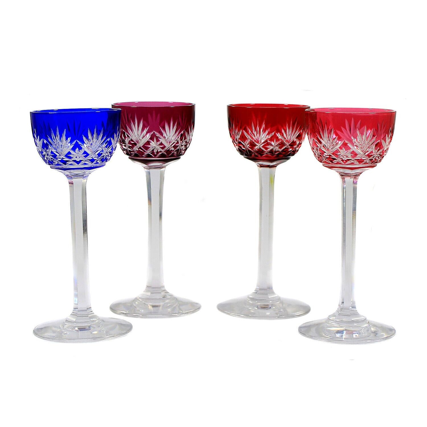 4 liqueur glasses with colored overlay and decorative cut, St Louis Massenet around 1930