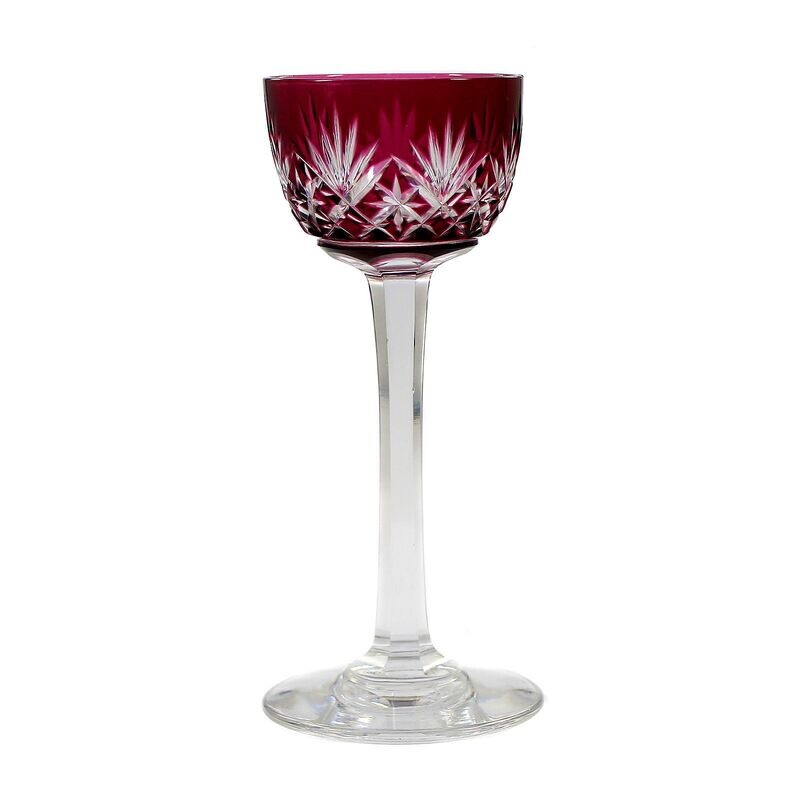 4 liqueur glasses with colored overlay and decorative cut, St Louis Massenet around 1930