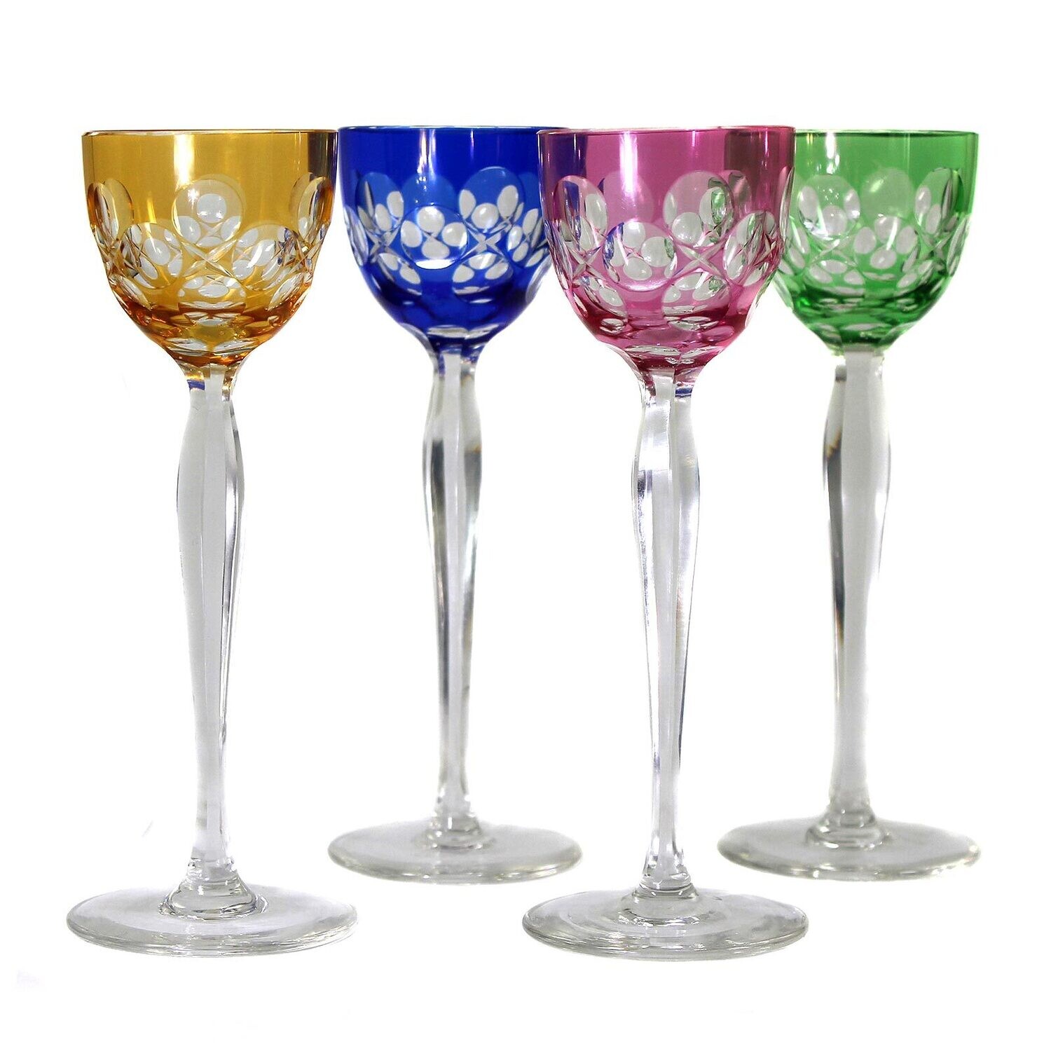 4 stem glasses with different colored bowls and peeled shafts.