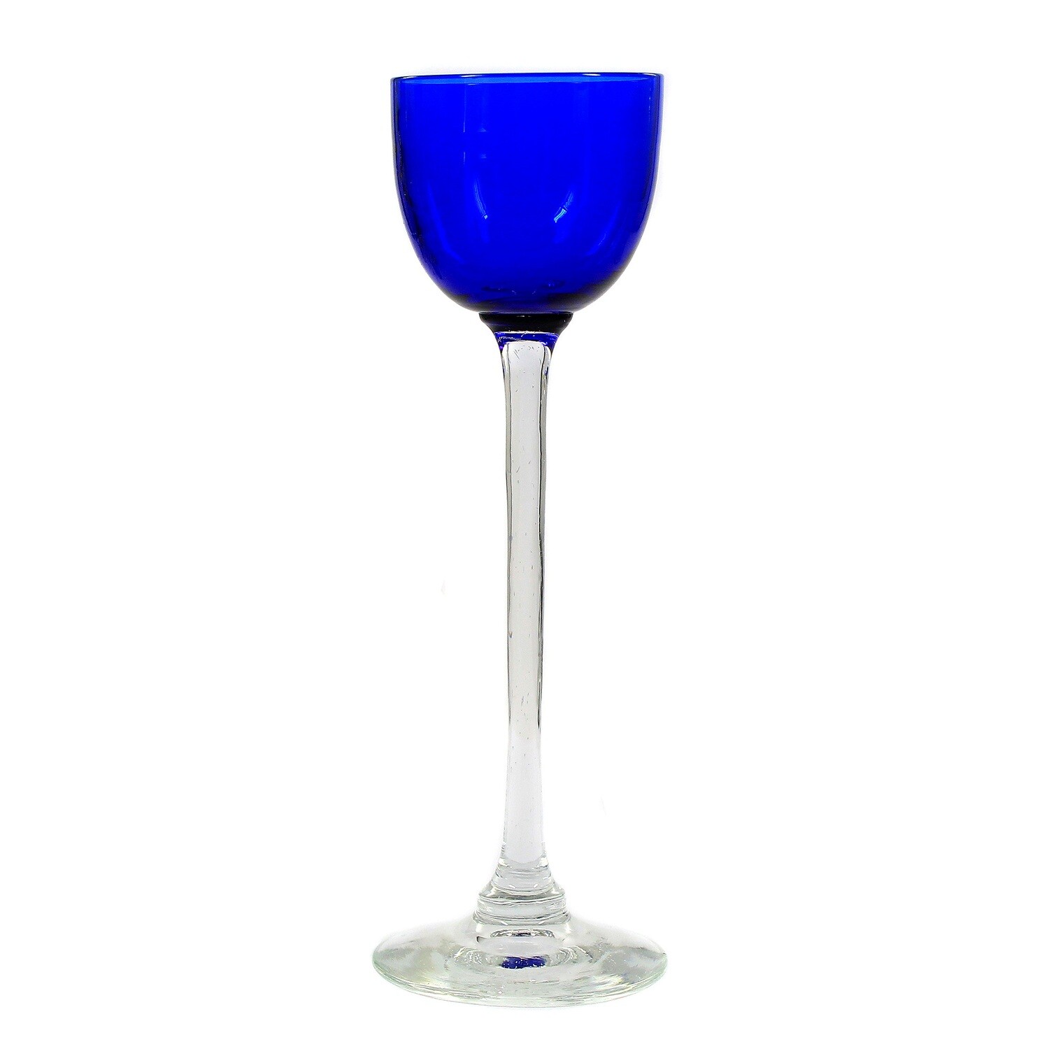 1 of 2. Liqueur glass with spherical cup and blue overlay, Bavarian Forest
