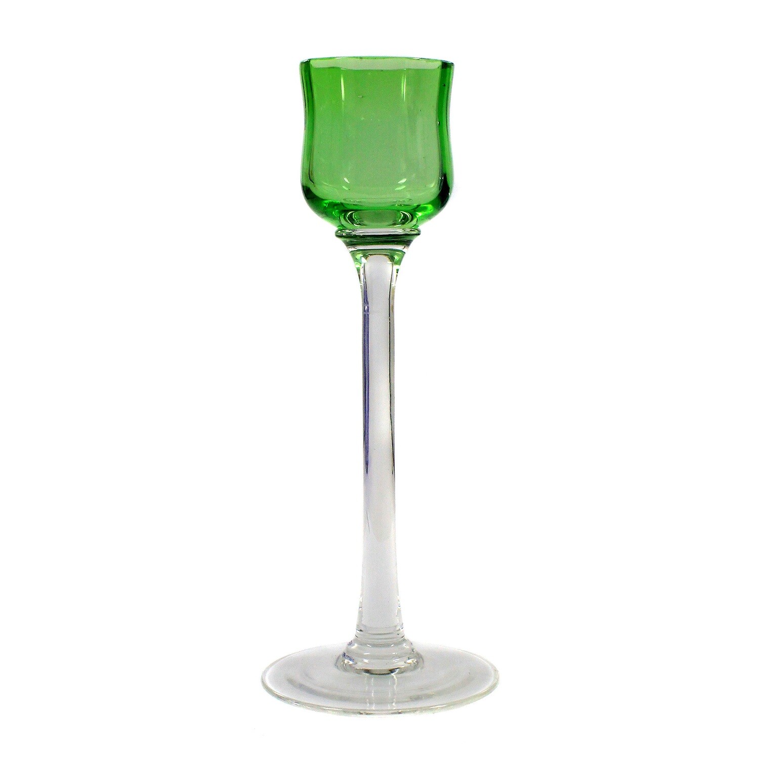 Liqueur glass with curved, optically ribbed green bowl, Bakalowits around 1902