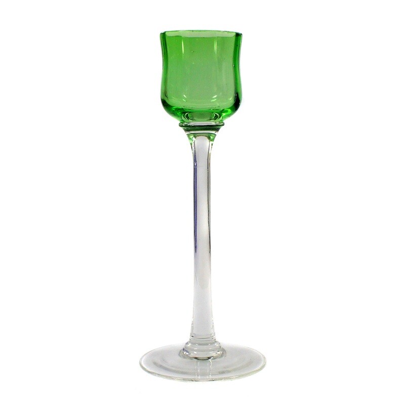 Liqueur glass with curved, optically ribbed green bowl, Bakalowits around 1902
