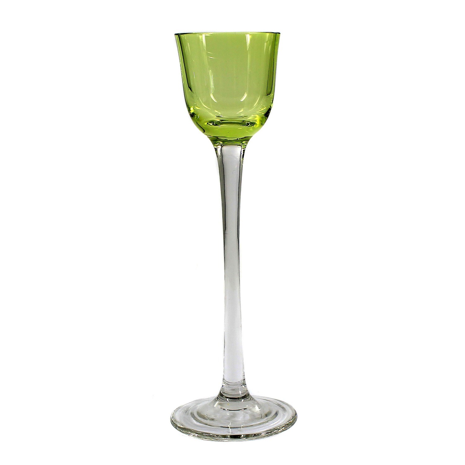 Liqueur glass made of colorless glass with a yellow-green bowl, Bohemia around 1905