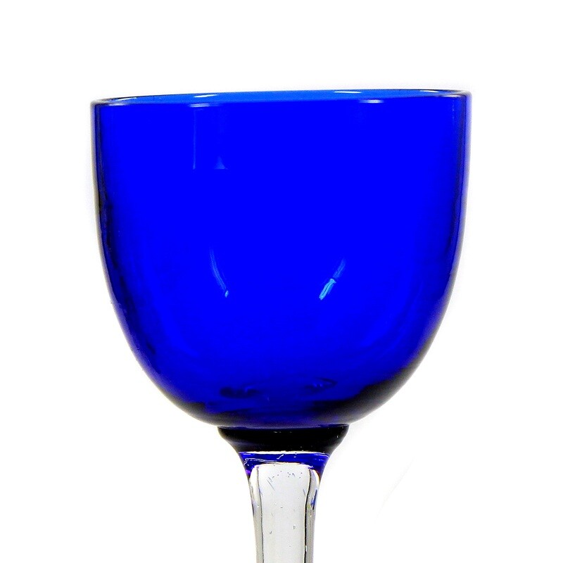 1 of 2. Liqueur glass with spherical cup and blue overlay, Bavarian Forest