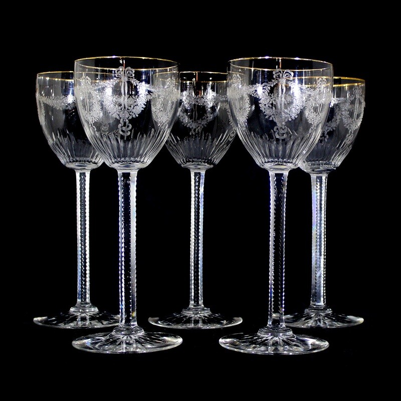 1st of 5. Stem glass with etched decoration, Rheinische Glashütten around 1910