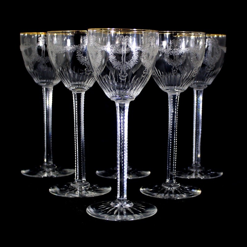 6 stem glasses with etched decoration, Rhenish glassworks around 1910