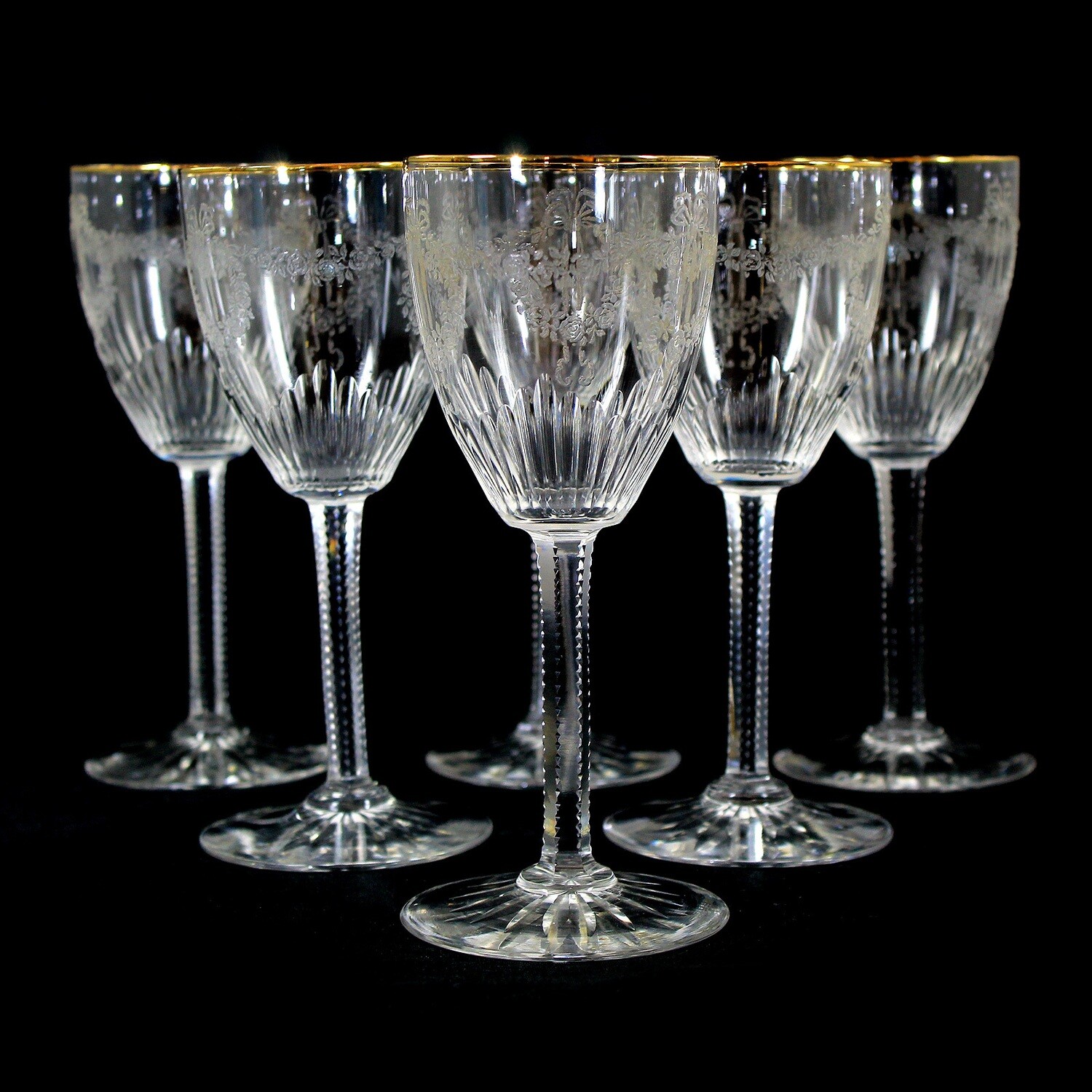 1st of 6. Stem glass with etched decoration, Rheinische Glashütten around 1910