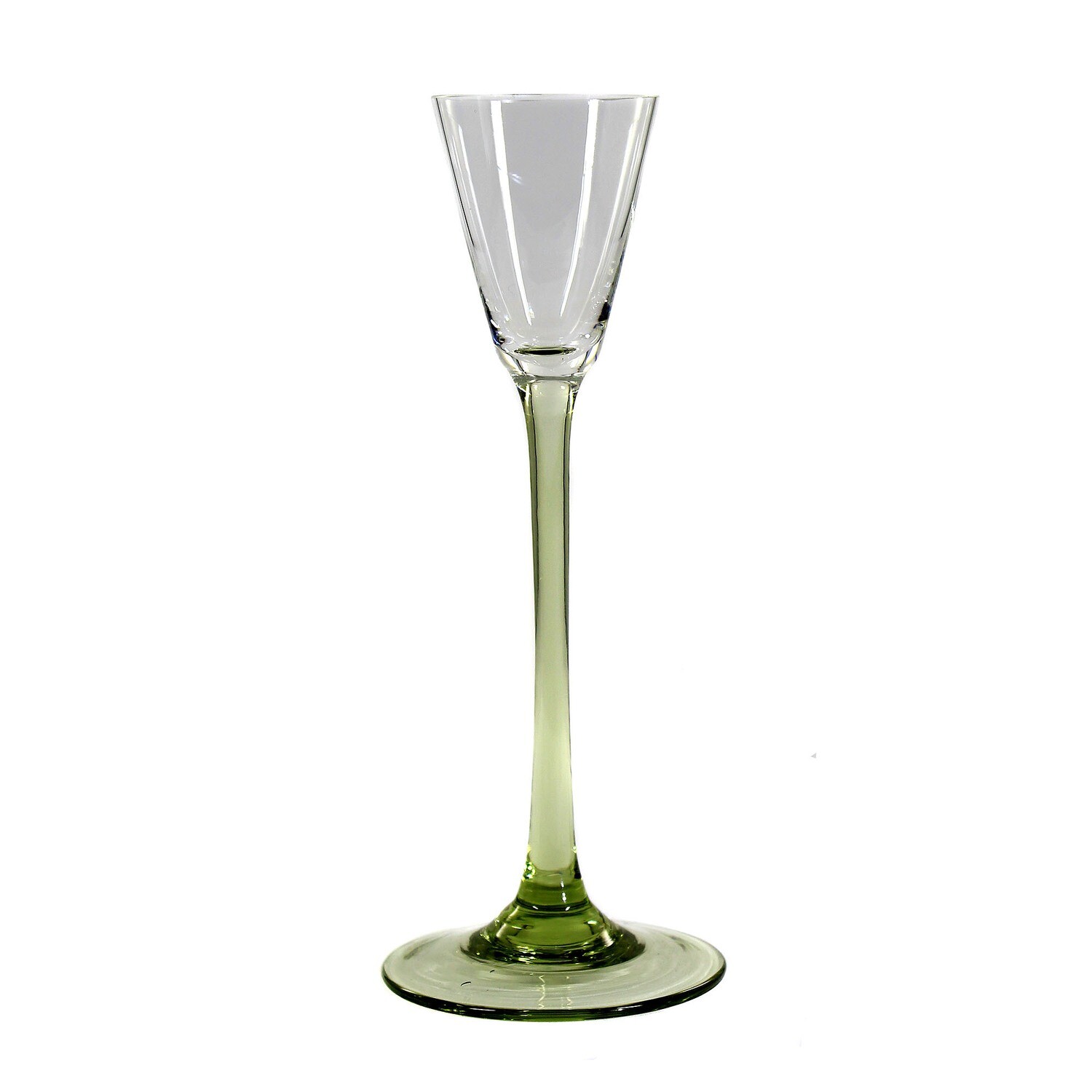 Liqueur glass with a conical cup, olive green shaft, Bakalowits around 1902