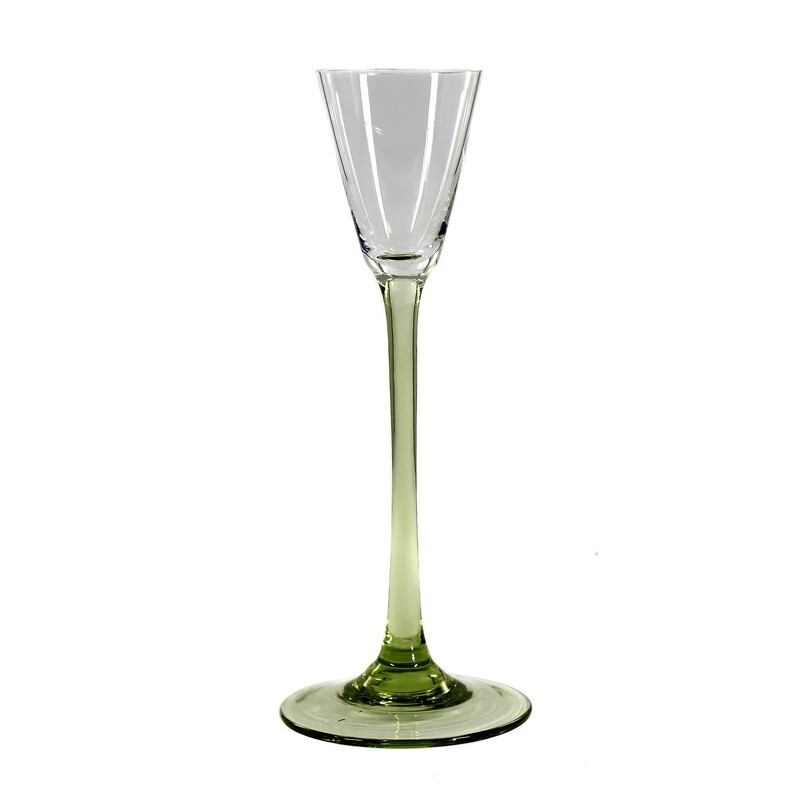 Likörglas mit konischer Kuppa, olivgrüner Schaft, Bakalowits um 1902