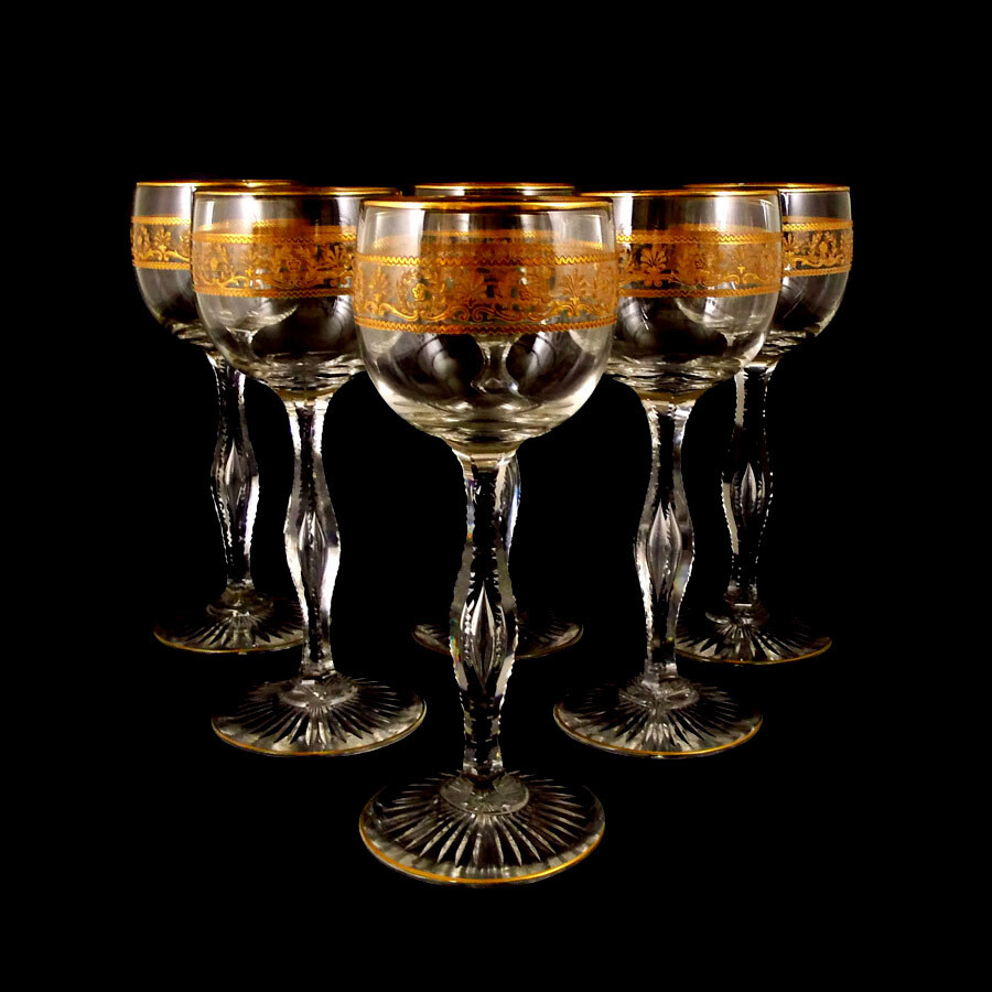 1st of 6. Stem glass with gold etched &amp; guilloched decor, Saint Louis