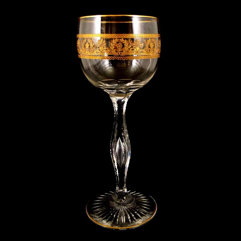 1st of 6. Stem glass with gold etched &amp; guilloched decor, Saint Louis