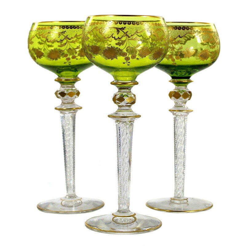 1st of 3. Stem glass with air filigree and gold decoration, Saint Louis around 1900