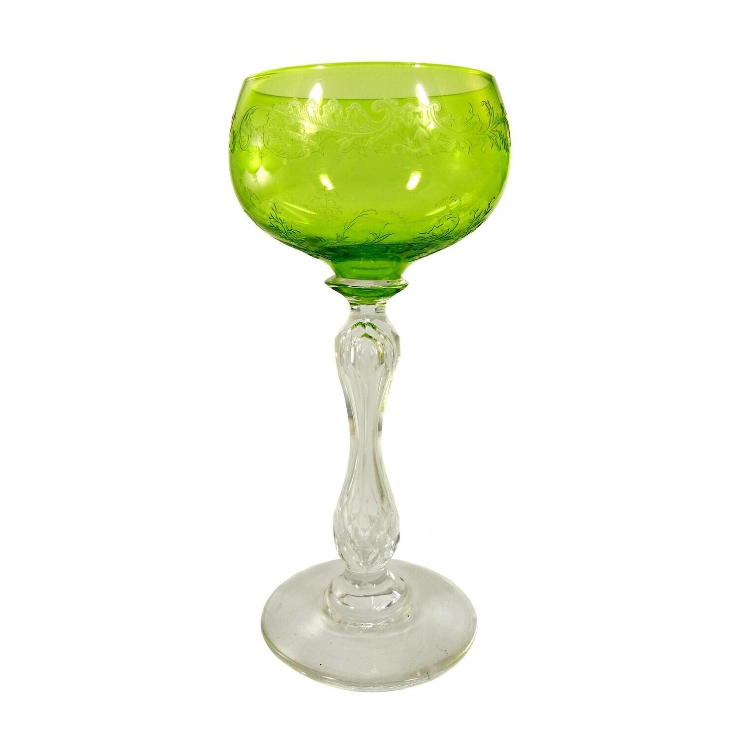 Wine glass with light green bowl and etched floral decoration, St. Louis