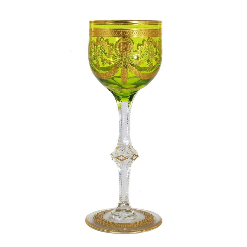 6 stem glasses with olive green interior and gold decoration, Saint Louis around 1905