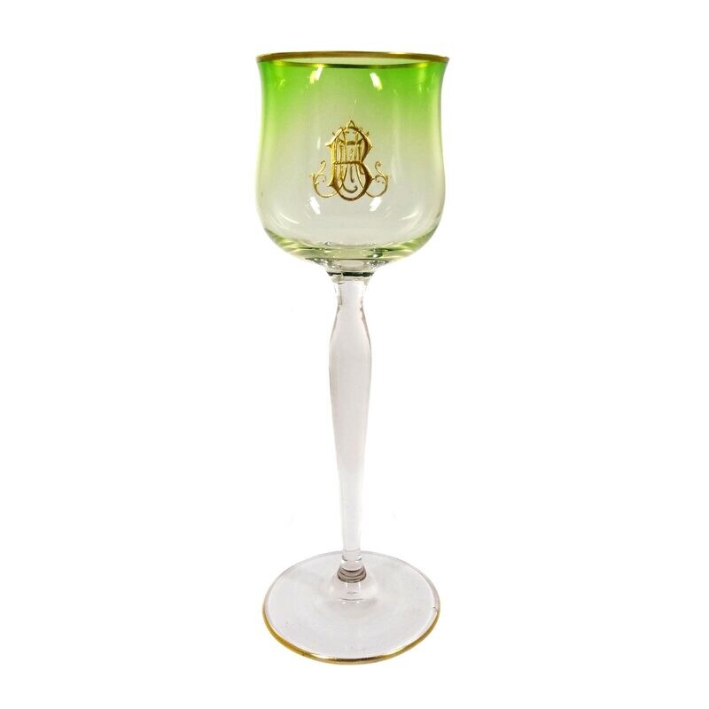 Stem glass with light green underlaid cup &amp; monogram, Bakalowits or Moser