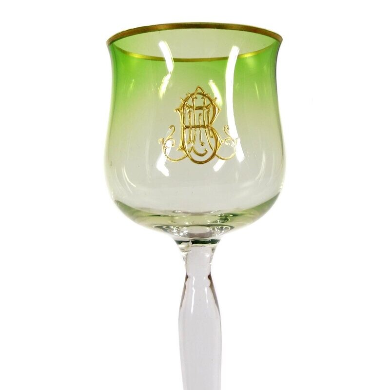Stem glass with light green underlaid cup &amp; monogram, Bakalowits or Moser