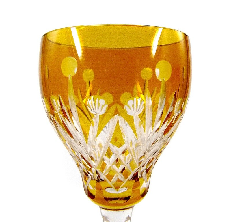 1st of 2nd Stem Glass with Amber Etching, Wedge Cut Bowl &amp; Domes, 1920