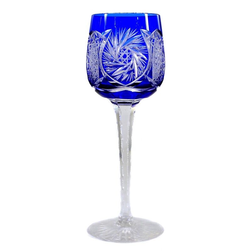 4 stem glasses with cobalt blue overlay &amp; decorative cut decoration around 1930-35