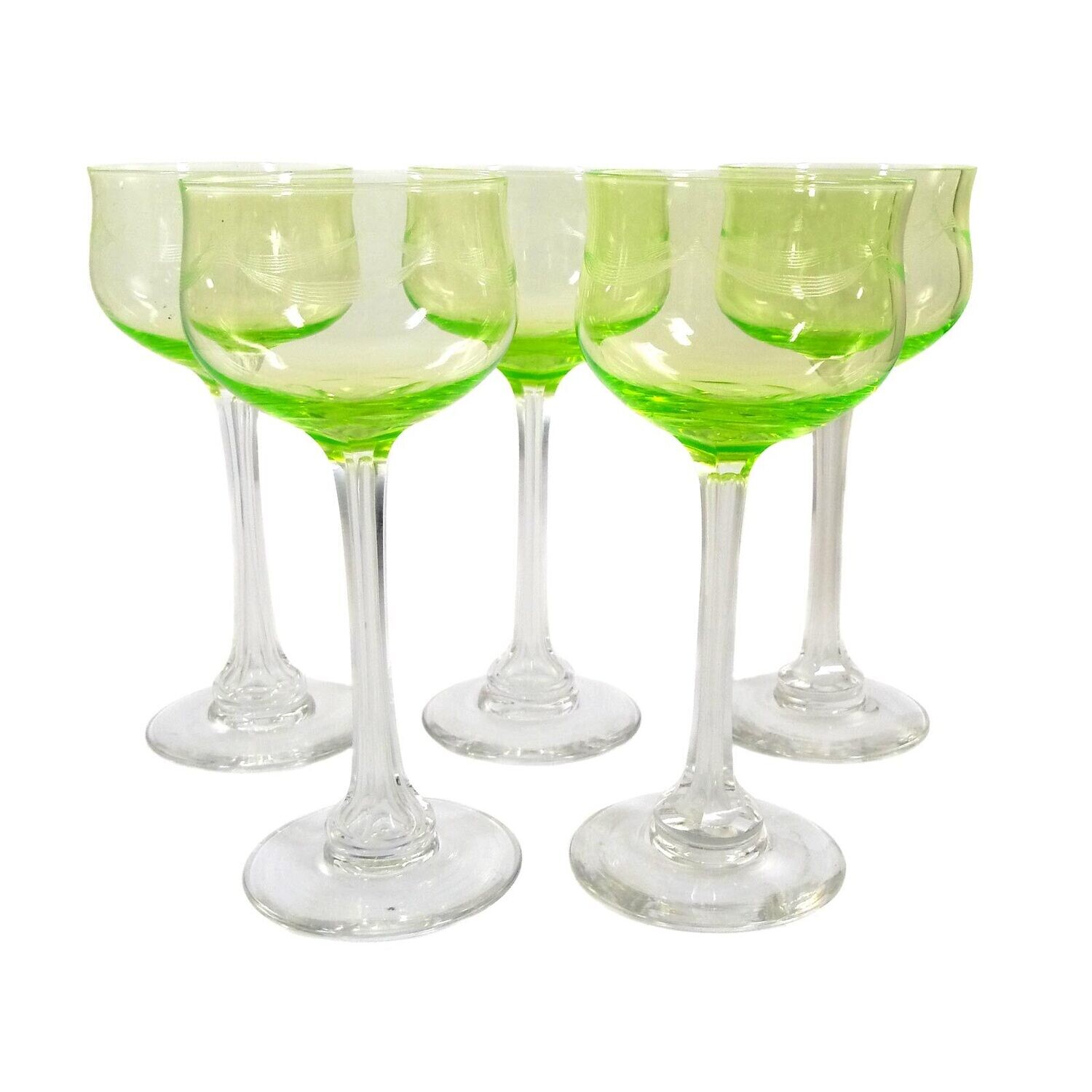 5 stem glasses with uranium-colored cups, Villeroy &amp; Boch around 1910