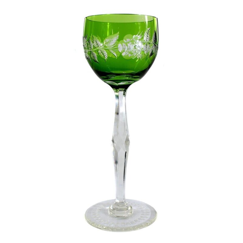 6 stem glasses with green cups and surrounding rose decoration with foliage