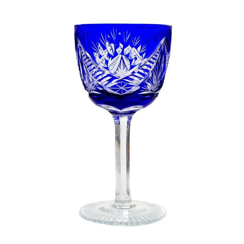 6 white wine glasses with cobalt blue overlay and decorative cut decor around 1925