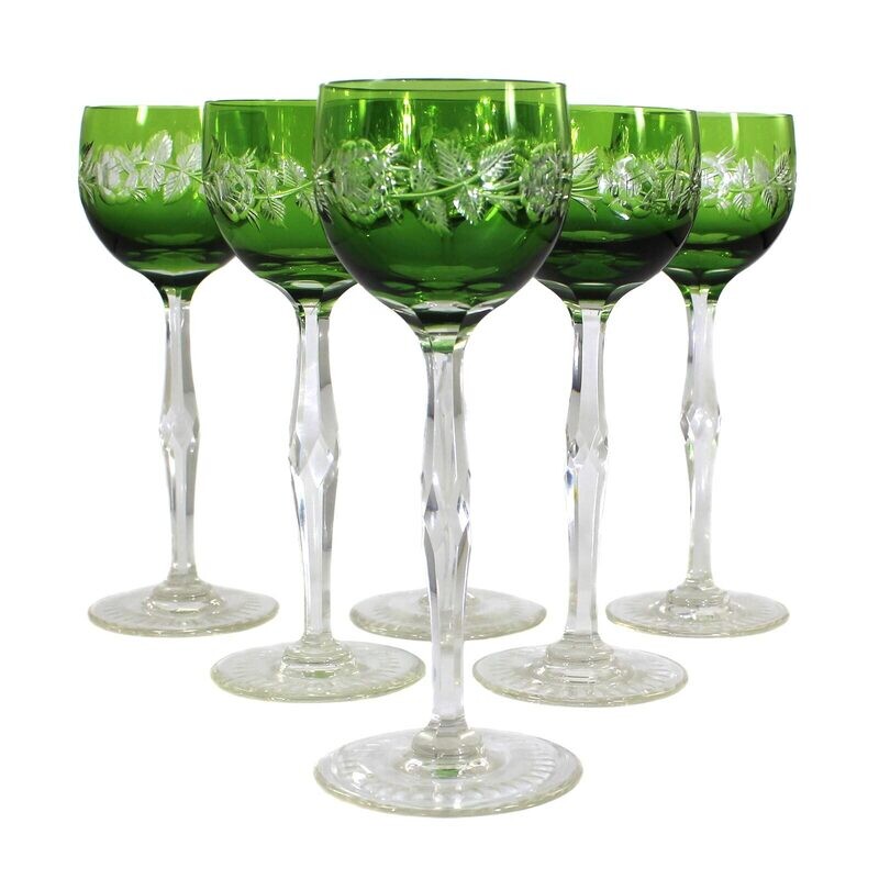 6 stem glasses with green cups and surrounding rose decoration with foliage