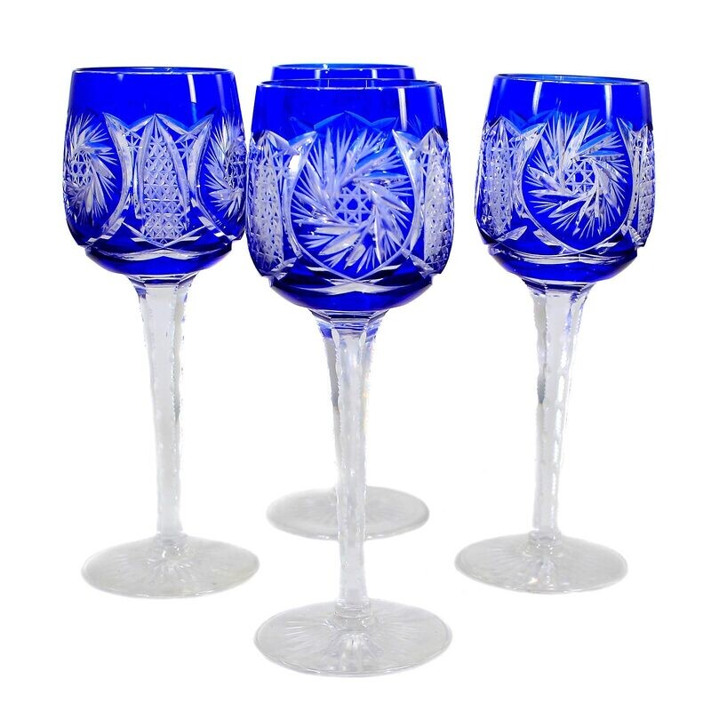 4 stem glasses with cobalt blue overlay &amp; decorative cut decoration around 1930-35