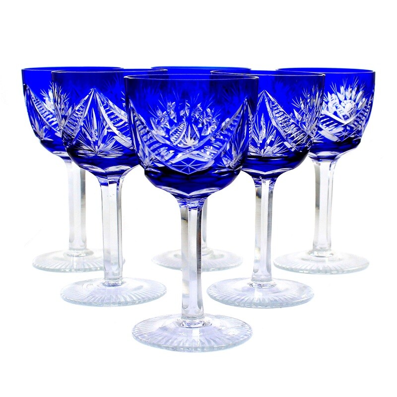 6 white wine glasses with cobalt blue overlay and decorative cut decor around 1925