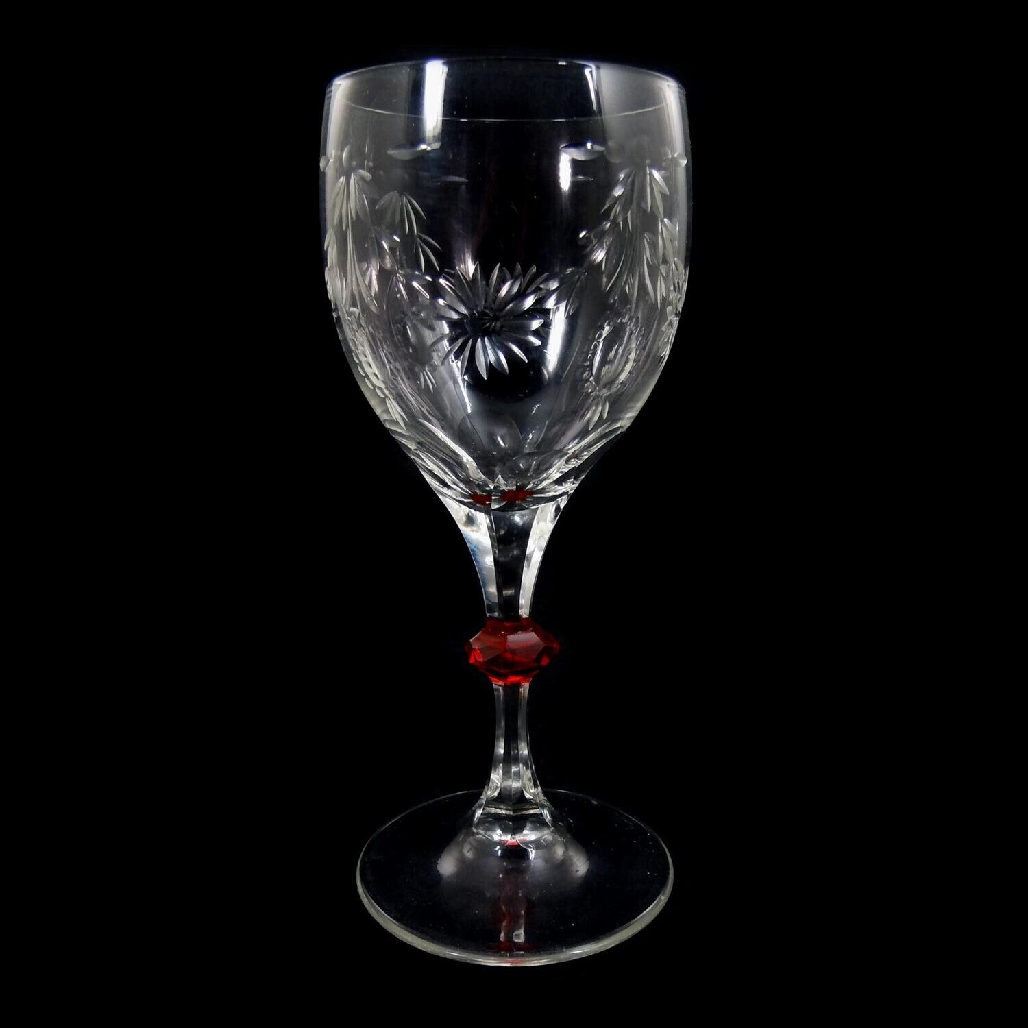 Stem glass with gold ruby-colored nodes, cup with decorative cut decoration, around 1920