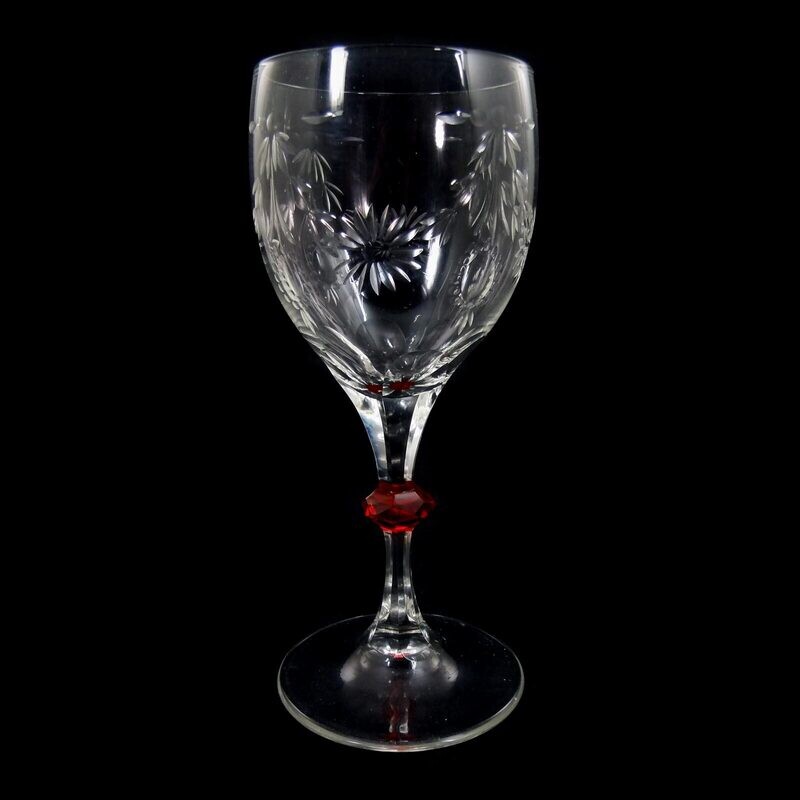 Stem glass with gold ruby-colored nodes, cup with decorative cut decoration, around 1920