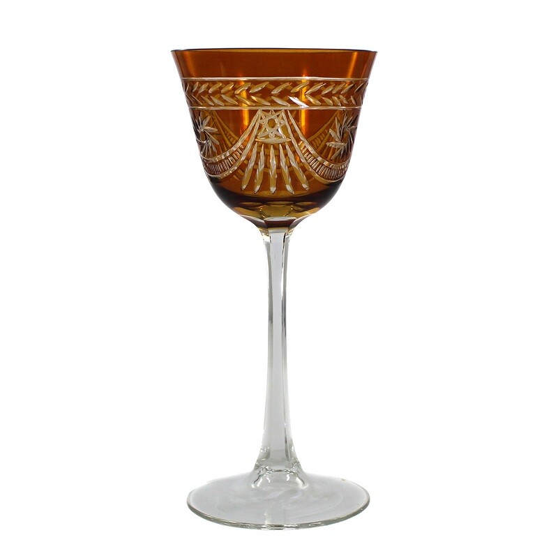 Stem glass with trumpet-shaped shaft, bowl with amber etching, around 1910