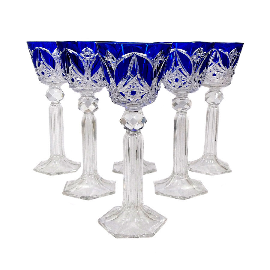 1st of 6. Wine Roman with cobalt blue overlay &amp; decorative cut decoration, Baccarat, 1905