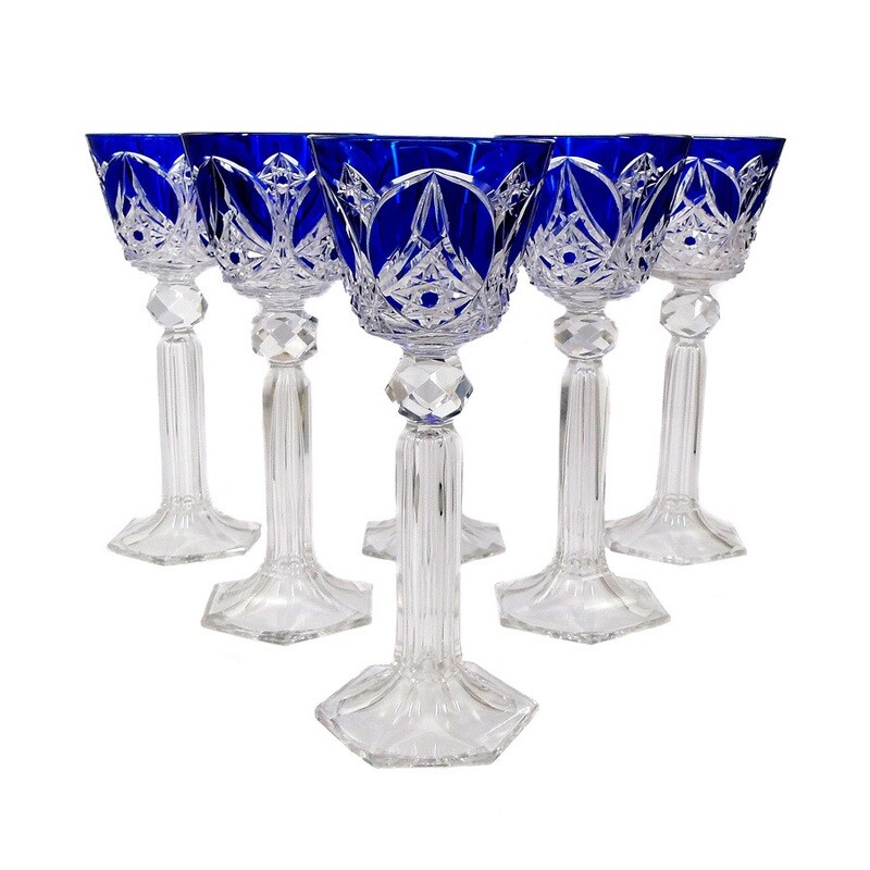 1st of 6. Wine Roman with cobalt blue overlay &amp; decorative cut decoration, Baccarat, 1905