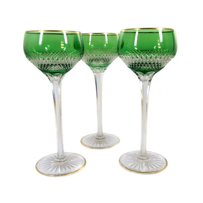 1st of 3. Stem glass with green overlay &amp; wedge cut decoration, Saint Louis around 1900