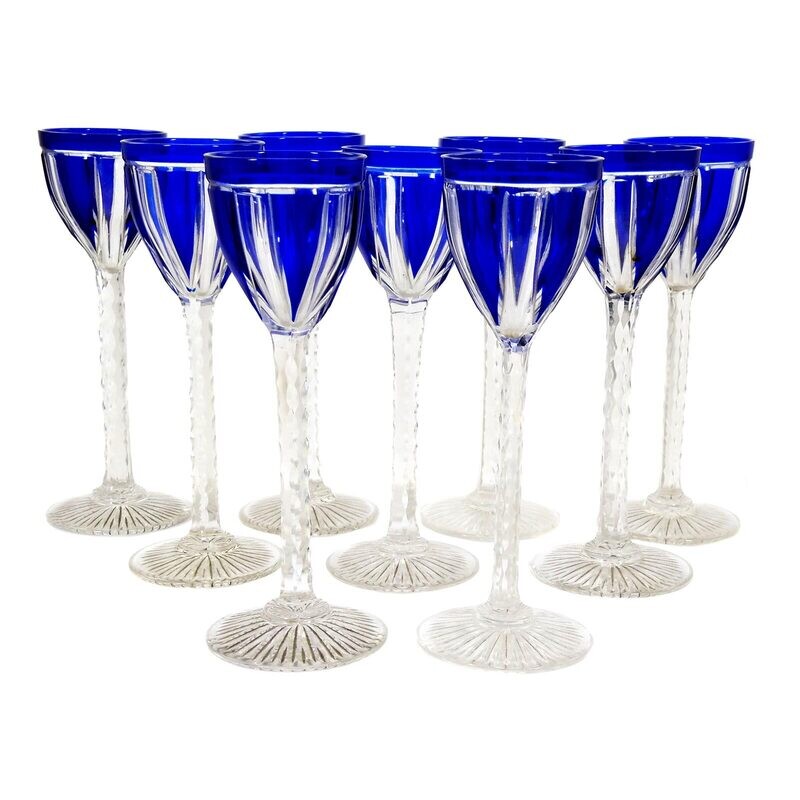 1st of 9. Stem glass with cobalt blue overlay, Cristallerie Saint Louis around 1900
