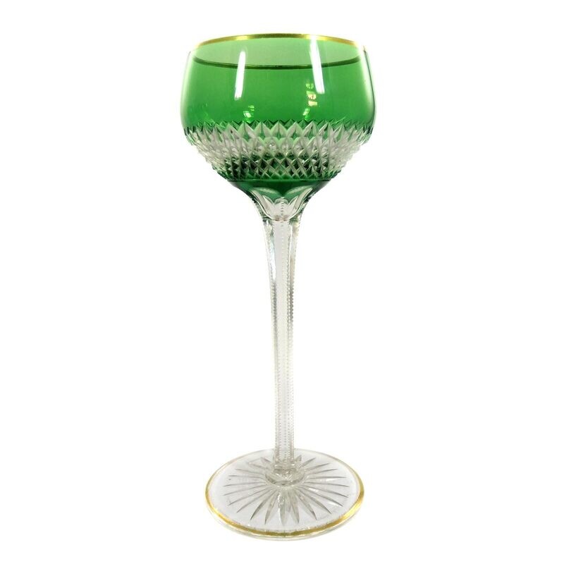 1st of 3. Stem glass with green overlay &amp; wedge cut decoration, Saint Louis around 1900
