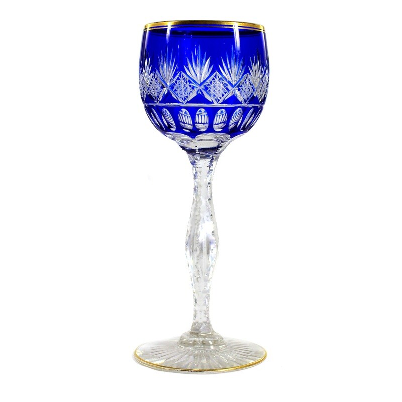 Stem glass with blue overlay and polished gold rim, Saint Louis around 1905