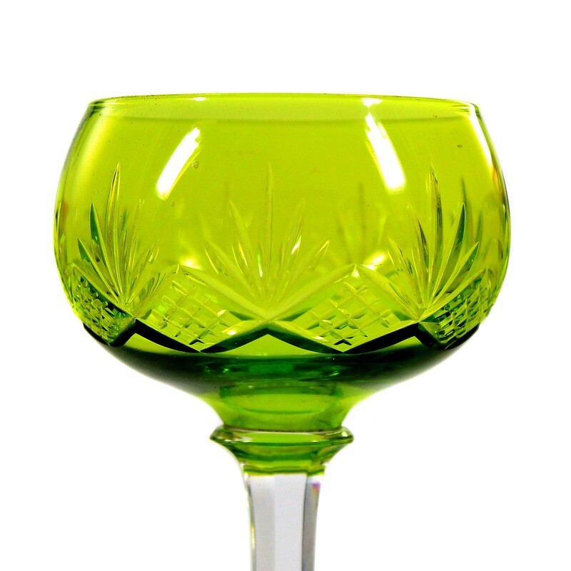 Wine glass with pistachio-colored overlay &amp; decorative cut decoration, Saint Louis, Massenet