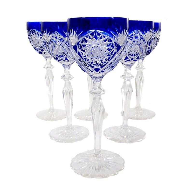 1st of 6. Magnificently cut stem glass with cobalt blue overlay